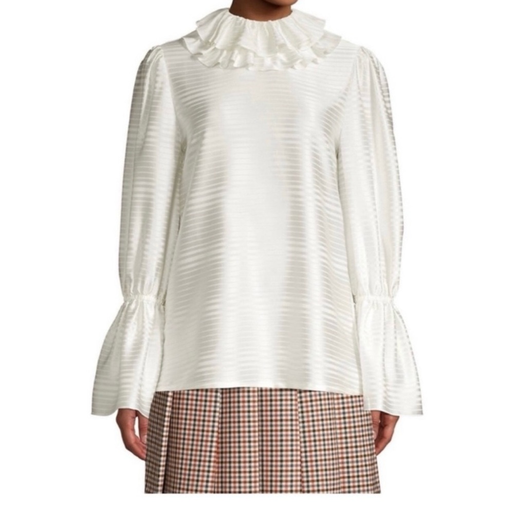 Tory Burch Ivory Ruffle-Neck Stripe Satin Blouse